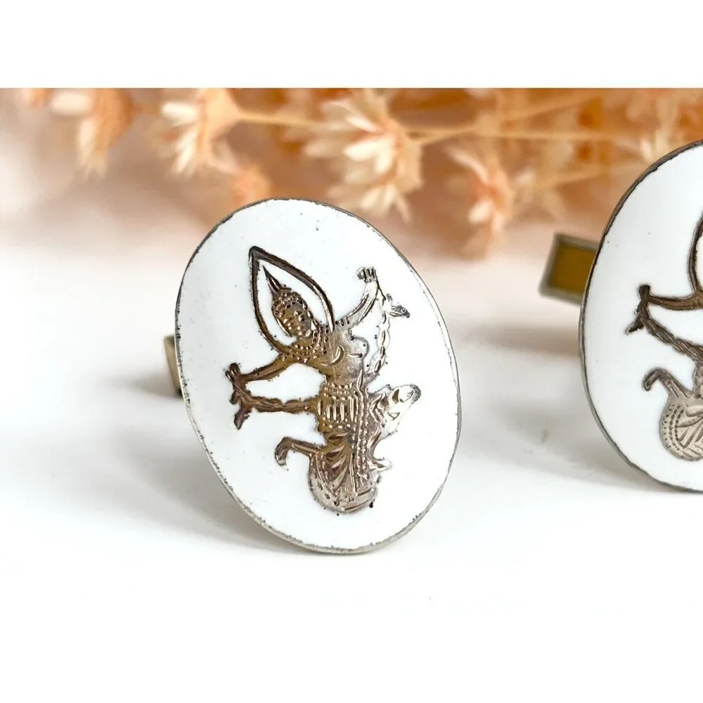Siam Sterling White Dancing Angel Oval Vintage Men's Sterling Silver Cufflinks